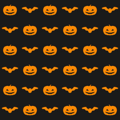 Illustration of  bats and pumpkin faces. Seamless pattern.