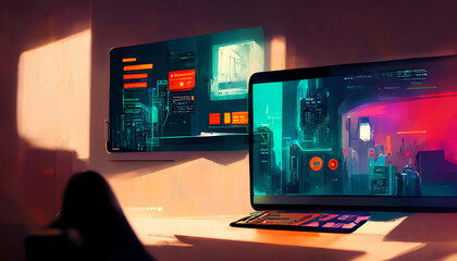 Naklejka premium Cyberpunks workspace with the big computer monitors