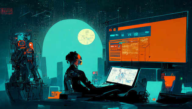 Cyberpunks workspace with big computer screen