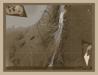 HaDarom, Israel. Sepia. Labelled points of cities