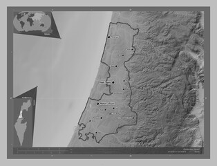 HaMerkaz, Israel. Grayscale. Labelled points of cities