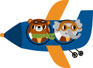 Animal pilot. Cute cartoon characters in aircraft. Bear and elephant flying in airplane. Wild mammal piloting plane. Sky transportation. Creatures adventure travel. Vector illustration