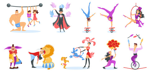 Cartoon circus artists. Entertainment workers. Trained animals. Jugglers and jesters amusement show. People juggling or making tricks. Magician and clown performance. Splendid vector set - obrazy, fototapety, plakaty