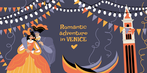 A happy couple in costumes of the Venetian carnival against the backdrop of the building, gondolas and decorations. Invitation banner for romantic adventure © naidzionysheva