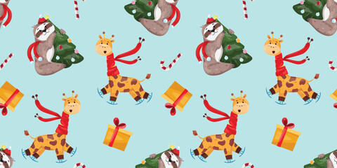 Seamless pattern with a sloth wearing a Santa hat and holding a Christmas tree and ice skating giraffe on blue background.