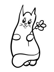 Cute hand drawn cat with flower. Funny cat for greeting cards. Design concept for children.