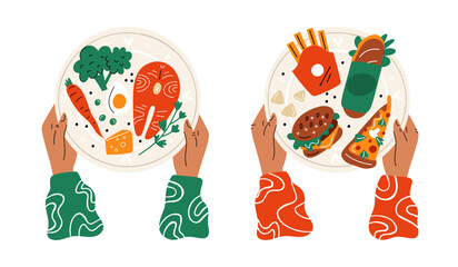 Food choice. Cartoon hands hold plates with healthy and junk meal. Organic products vs burgers and pizza. French fries. Fish and vegetables. Nutrition decision. Garish vector concept