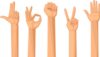Hands gestures. Humans crowd pulls their hands up pointing. Vector conceptual background