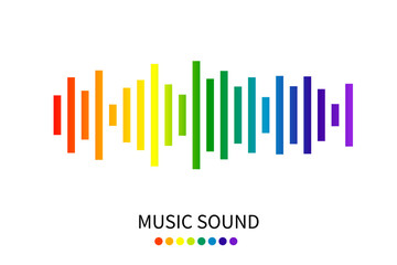 Rainbow colorful sound wave on white background. Audio Music signal symbol. Music pulse player beat icon. Vector illustration in flat design.