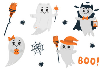 Cute ghost. Happy Halloween ghost characters. Funny scary magical ghost with pumpkin. Halloween set of cute funny ghosts. Cute spooky ghosts. Spooky ghosts in a halloween hat. 