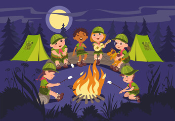Tourist night campfire. Children roast marshmallow fire. Young scouts on nature. Forest gatherings sit around bonfire. Kids vacation. Teenagers sing to guitar. Splendid vector concept