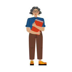 Vector flat illustration of an elderly woman with a folder with documents. Gray haired lady boss. Lady boss above 50 years