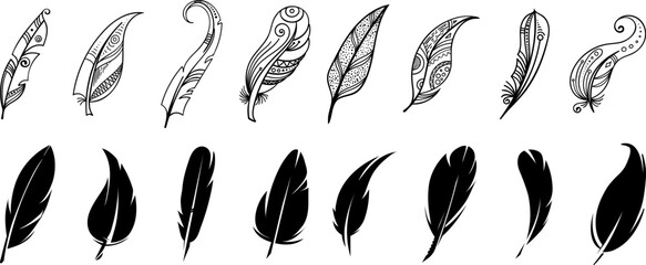 Ethnic and black feathers. Simple indian tribal feather graphic soft symbols, feathered sketch drawns © ONYXprj