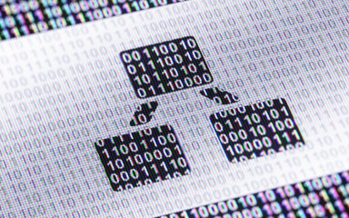 Hierarchy icon. Binary code ( array of bits ) in the screen. 3D Illustration.