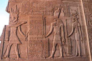Ancient egyptian God Horus carved on Kom Ombo temple in Aswan, Egypt 