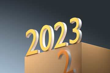 Gold metallic numbers 2023 on the podium. Number 3 pushes number 2 off the podium. 3D Illustration. Isometric style, hero view. New year concept.