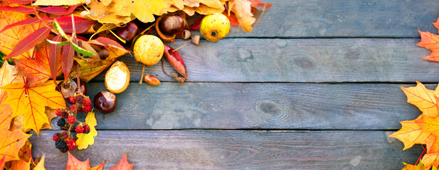 Autumn foliage on wooden planks. Colorful forest fruits on a wooden table. Nature decoration for...