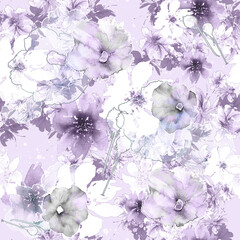 Watercolor graphic flowers. Field bouquet. fashion illustration. Orchid flowers, chamomile., cornflower, pansies, viola, field or garden flowers. Watercolor abstract. Seamless art background.