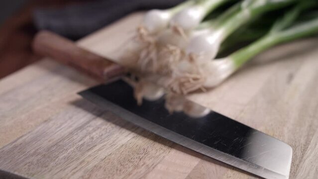 Slow dollie shot of wooden cutting board with green onions, knife and fresh chili peppers. Close up, nobody. Kitchen concept.
