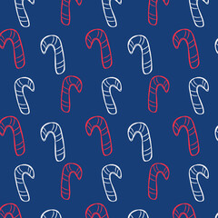 Doodle candy cane vector seamless pattern, Christmas, winter, New Year, food, sweets, holiday, simple style, for print, background, textile, wrapping paper, stationery, red, blue, white