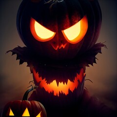 Creepy burning Jack-o-lantern pumpkin head. Halloween Glowing fire flame head - 536798749