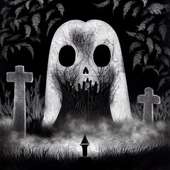 Black and white illustration. Huge white hungry ghost, spooky graveyard. Horror - 536798782