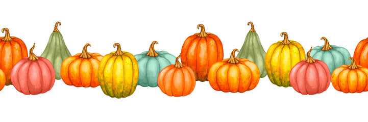 Horizontal seamless border with colorful pumpkins. Watercolor autumn composition. Autumn design for Halloween, Thanksgiving, harvest festival, autumn design element, fall picture.
