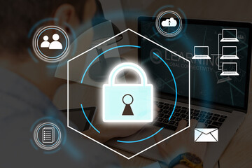 Digital padlock icon, cyber security network and data protection technology on virtual interface screen. Online internet authorized access against cyber attack.and business data privacy concept