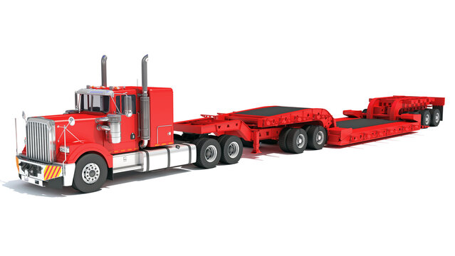 Red Heavy Truck with Lowboy Trailer 3D rendering on white background