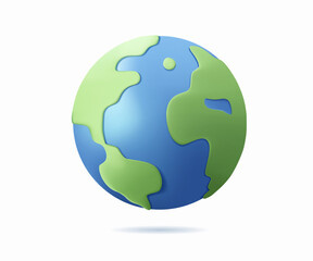 Sphere Earth planet 3D icon. Life of people. Solar system element. Globe, planet Earth cartoon vector illustration.