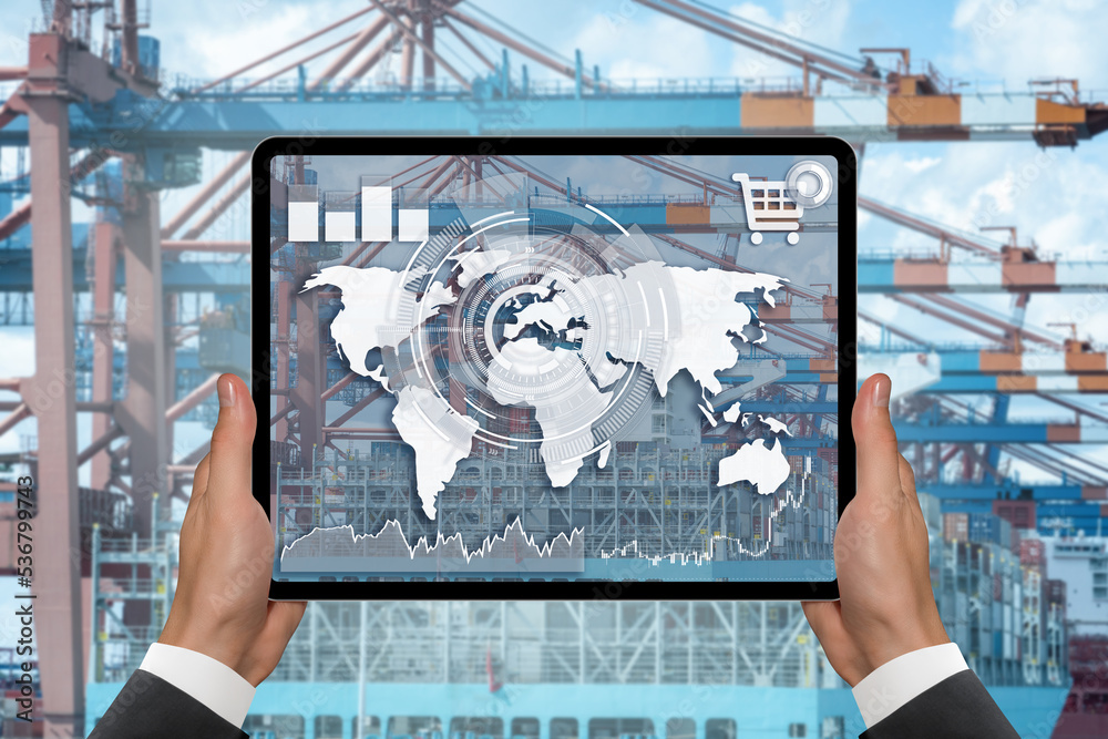 Poster hands with a digital tablet on a background of a ship loaded with containers in the seaport. interna