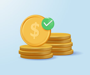 3D money coin saving on blue background. Bundle money cash finance conept for exchange, earnings with finance business