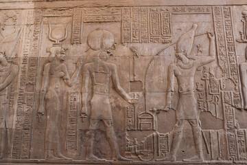 beautiful ancient egyptian carvings at Kom Ombo temple in Aswan, Egypt