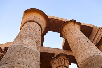 Amazing ancient egyptian columns at Kom Ombo temple in Aswan, Egypt 