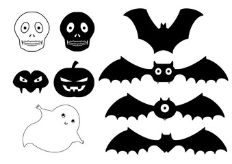 Ilustraci&oacute;n. Colecci&oacute;n Halloween en blanco y negro con calaveras, calabazas, fantasmas, vampiros y murci&eacute;lagos. Recursos gr&aacute;ficos para web, redes sociales, y eventos.