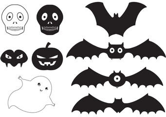 Vector. Colecci&oacute;n Halloween ilustraci&oacute;n en blanco y negro con calaveras, calabazas, fantasmas, vampiros y murci&eacute;lagos. Recursos gr&aacute;ficos para web, redes sociales, y eventos.
