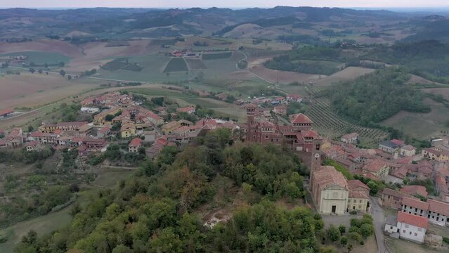 Panoramic drone video over Castello Cereseto in Piedmont from vineyard