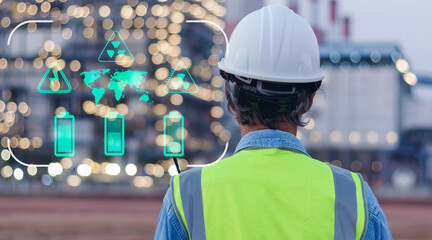 Back view, senior engineer wearing helmet and safety vest has on power plant background.