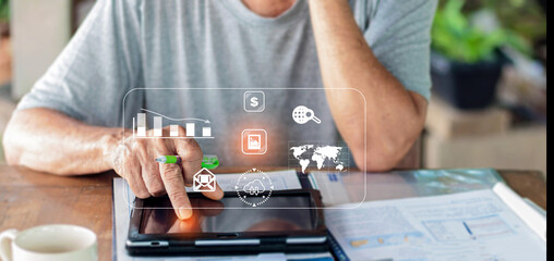 Asian man uses internet information tablet