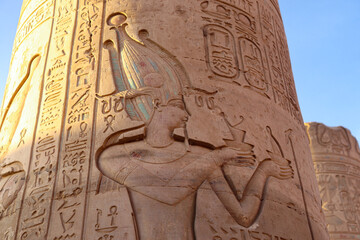 Beautiful ancient egyptian carvings at Kom Ombo temple, Aswan, Egypt