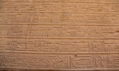ancient egyptian hieroglyphics carved at Kom Ombo temple in Aswan, Egypt 