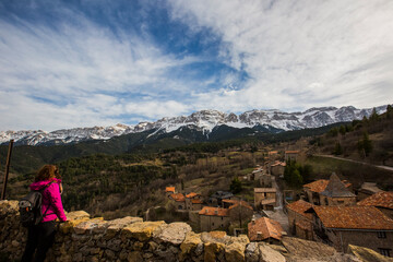 Young hiker girl enjoying in Querforadat, Cerdanya, Pyrenees, Spain