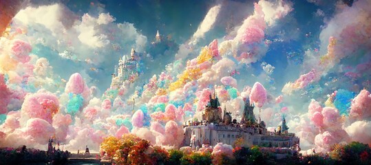 Fantasy Castle and cotton candy cloud. fantasy. concept art. illustration. fantasy scenery - obrazy, fototapety, plakaty