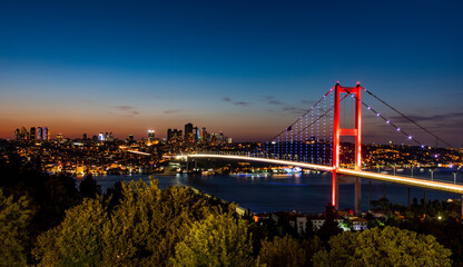 ISTANBUL, TURKEY. Panoramic view of Istanbul Bosphorus on sunset. Istanbul Bosphorus Bridge (15 July Martyrs Bridge. Turkish: 15 Temmuz Sehitler Koprusu). Beautiful cloudy blue sky.