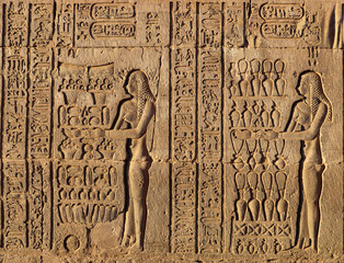 Pharaonic hieroglyphics and carvings at Kom ombo temple, Aswan, Egypt 