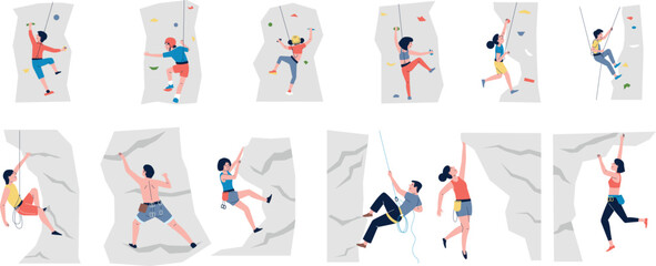 Adult and children sport climbing on rock. High aim, young female extreme travel. Woman man climbers, mountain adventures recent vector characters