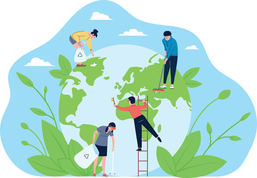 Take care ecologic of earth. Environmental global day, women ecologist support ecology and environment. Volunteers clean globe, recent vector concept