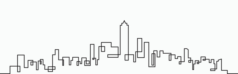 Modern City Skyline continuous outline drawing on white background.