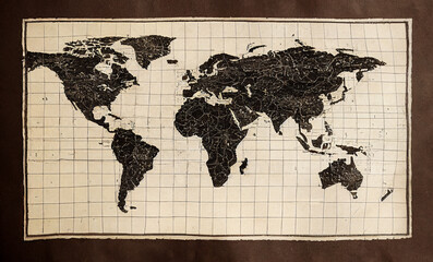 World map on old paper, sober and old, black on white