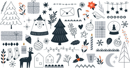 Xmas doodle ornamental winter elements. Foliage and garlands, christmas branches and foliage. Decorative racy gifts and fir tree vector collection © LadadikArt